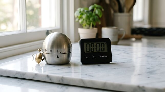 Modern Kitchen Timer Clock and Minute Egg Timer on Marble Counter