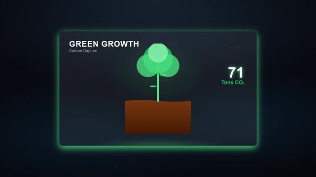 Carbon sequestration digital animation showing tree growth reducing atmospheric emission levels for an environmental sustainability project motion graphics video clip