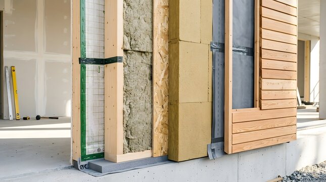 Cross section of a modern house wall construction with insulation and wood cladding.