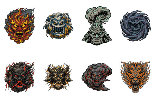 Collection of elemental disaster monster heads featuring fire spirits volcanic demons storm clouds and whirlpool creatures for fantasy design