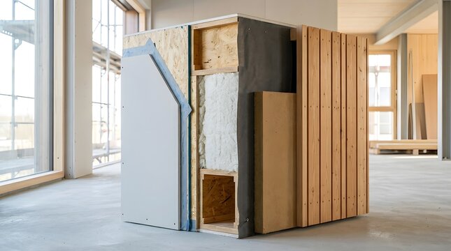 Cross section of a modern wooden wall construction with insulation layers.