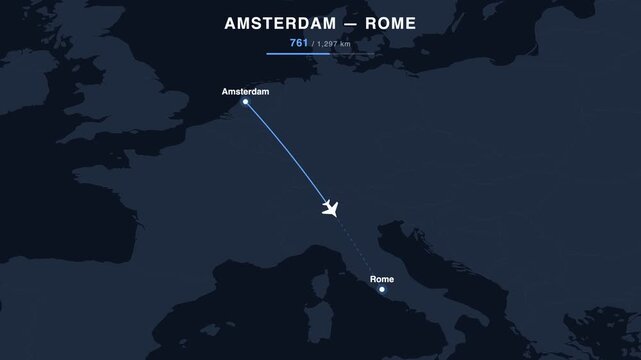 Flight route from Amsterdam to Rome animated on a world map. Seamless looping 4K travel animation, 1,297 km.