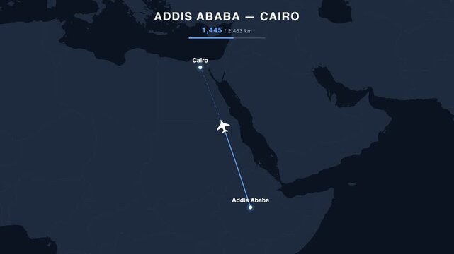 Flight route from Addis Ababa to Cairo animated on a world map. Seamless looping 4K travel animation, 2,463 km.