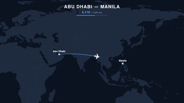 Flight route from Abu Dhabi to Manila animated on a world map. Seamless looping 4K travel animation, 7,004 km.