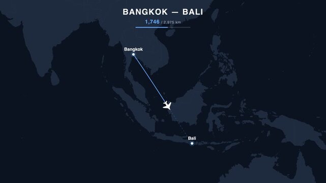 Flight route from Bangkok to Bali animated on a world map. Seamless looping 4K travel animation, 2,975 km.