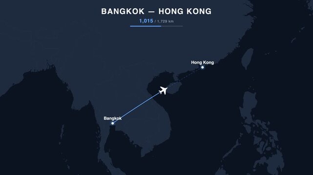 Flight route from Bangkok to Hong Kong animated on a world map. Seamless looping 4K travel animation, 1,729 km.