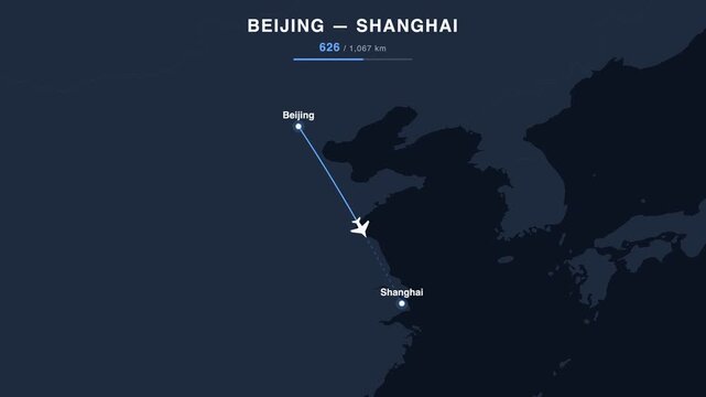 Flight route from Beijing to Shanghai animated on a world map. Seamless looping 4K travel animation, 1,067 km.
