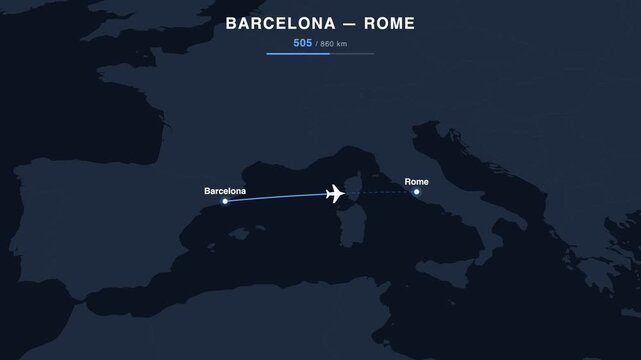 Flight route from Barcelona to Rome animated on a world map. Seamless looping 4K travel animation, 860 km.