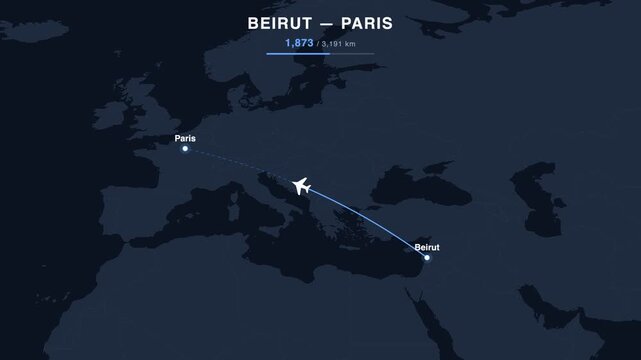 Flight route from Beirut to Paris animated on a world map. Seamless looping 4K travel animation, 3,191 km.