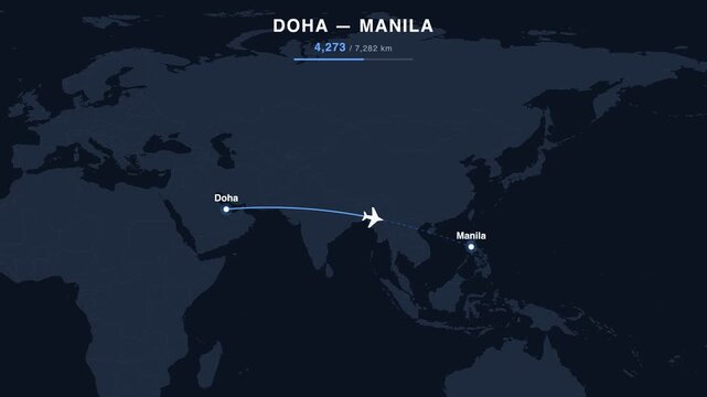 Flight route from Doha to Manila animated on a world map. Seamless looping 4K travel animation, 7,282 km.