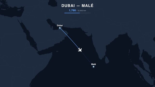 Flight route from Dubai to Mal&eacute; animated on a world map. Seamless looping 4K travel animation, 3,043 km.