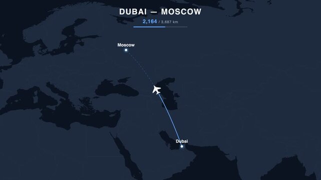 Flight route from Dubai to Moscow animated on a world map. Seamless looping 4K travel animation, 3,687 km.