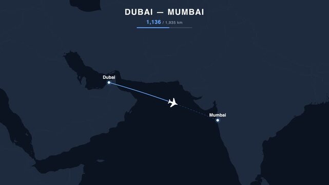 Flight route from Dubai to Mumbai animated on a world map. Seamless looping 4K travel animation, 1,935 km.