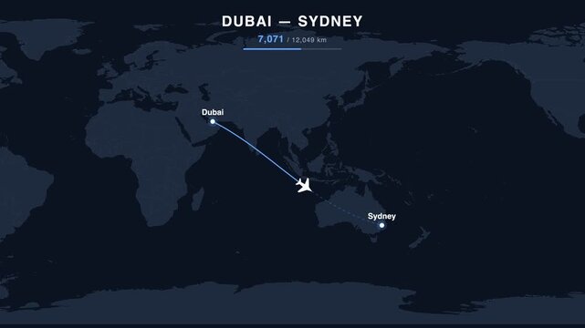 Flight route from Dubai to Sydney animated on a world map. Seamless looping 4K travel animation, 12,049 km.