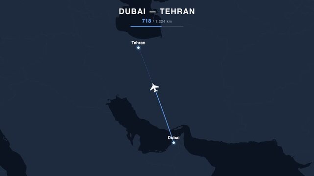 Flight route from Dubai to Tehran animated on a world map. Seamless looping 4K travel animation, 1,224 km.