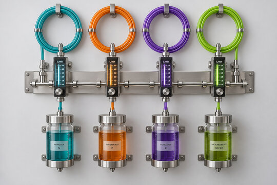 Four color coded nutrient reservoirs labeled nitrogen, phosphorus, potassium, and micronutrients connect to flow meters beneath coiled tubing on a wall mounted panel.