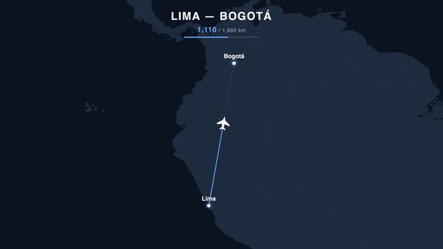 Flight route from Lima to Bogot&aacute; animated on a world map. Seamless looping 4K travel animation, 1,892 km.