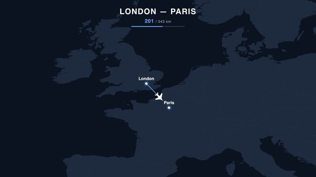 Flight route from London to Paris animated on a world map. Seamless looping 4K travel animation, 343 km.