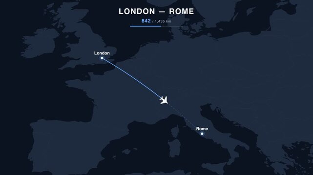 Flight route from London to Rome animated on a world map. Seamless looping 4K travel animation, 1,435 km.