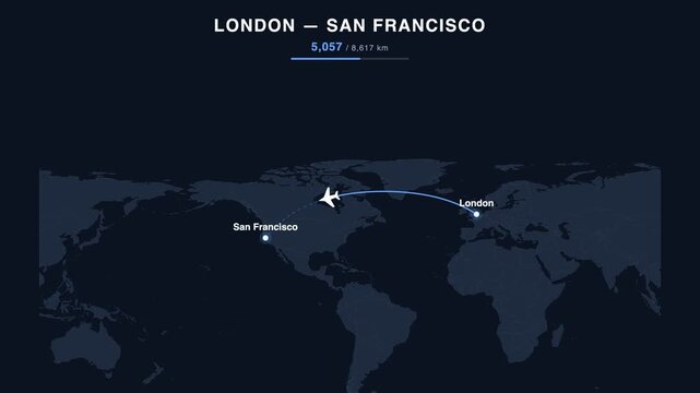 Flight route from London to San Francisco animated on a world map. Seamless looping 4K travel animation, 8,617 km.