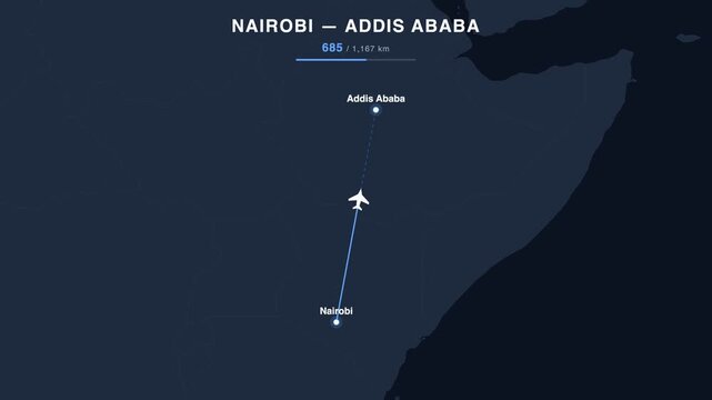 Flight route from Nairobi to Addis Ababa animated on a world map. Seamless looping 4K travel animation, 1,167 km.