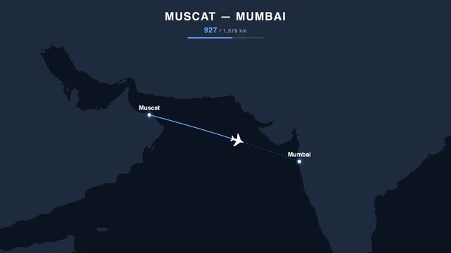 Flight route from Muscat to Mumbai animated on a world map. Seamless looping 4K travel animation, 1,579 km.