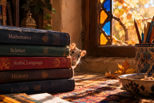 Tiny Mouse Peeking From Behind Stack Of School Books