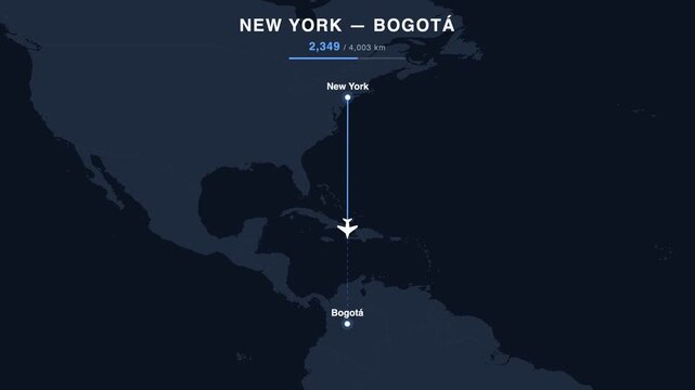 Flight route from New York to Bogot&aacute; animated on a world map. Seamless looping 4K travel animation, 4,003 km.