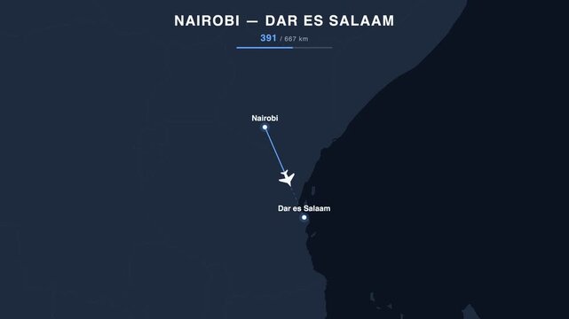 Flight route from Nairobi to Dar es Salaam animated on a world map. Seamless looping 4K travel animation, 667 km.