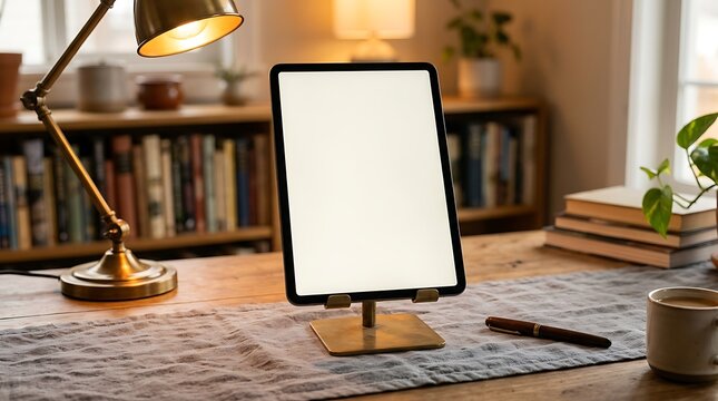 Modern Desk Setup with Blank Tablet in Warm Study