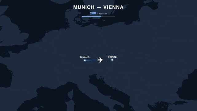 Flight route from Munich to Vienna animated on a world map. Seamless looping 4K travel animation, 355 km.