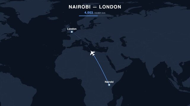 Flight route from Nairobi to London animated on a world map. Seamless looping 4K travel animation, 6,821 km.