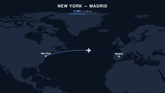 Flight route from New York to Madrid animated on a world map. Seamless looping 4K travel animation, 5,769 km.