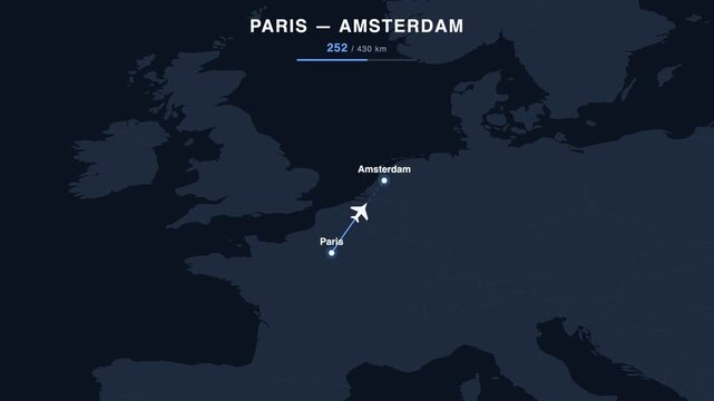 Flight route from Paris to Amsterdam animated on a world map. Seamless looping 4K travel animation, 430 km.