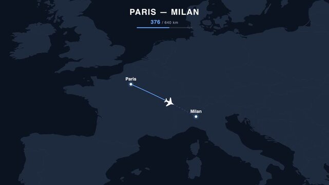 Flight route from Paris to Milan animated on a world map. Seamless looping 4K travel animation, 640 km.