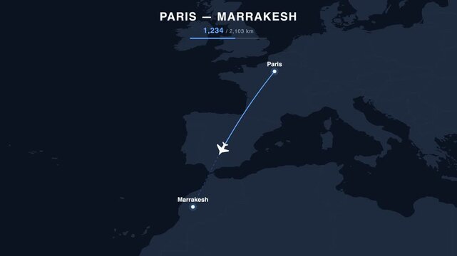 Flight route from Paris to Marrakesh animated on a world map. Seamless looping 4K travel animation, 2,103 km.