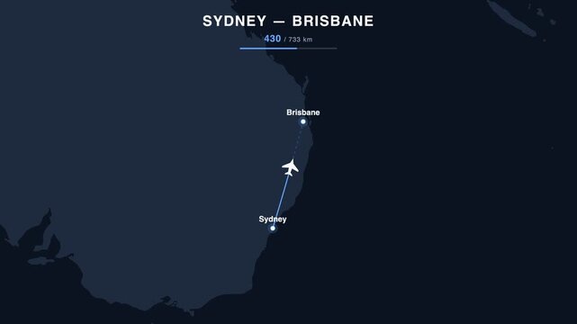 Flight route from Sydney to Brisbane animated on a world map. Seamless looping 4K travel animation, 733 km.