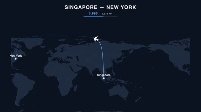 Flight route from Singapore to New York animated on a world map. Seamless looping 4K travel animation, 15,333 km.