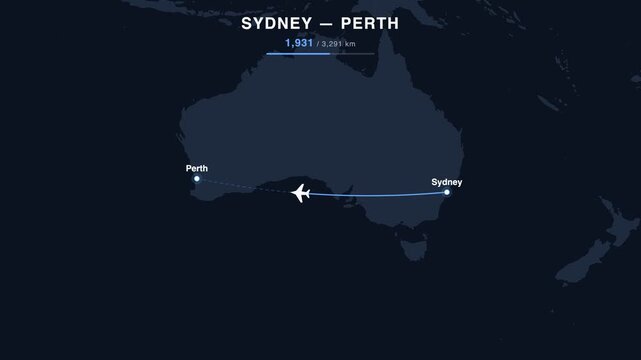 Flight route from Sydney to Perth animated on a world map. Seamless looping 4K travel animation, 3,291 km.