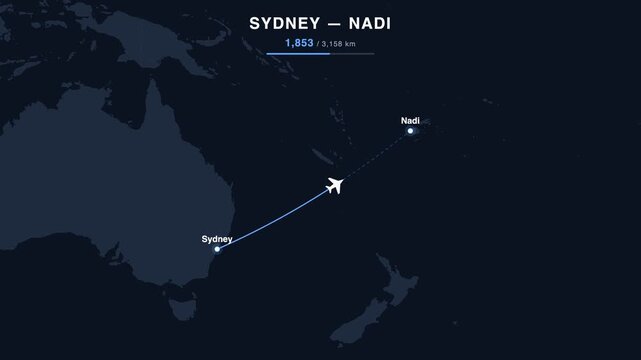 Flight route from Sydney to Nadi animated on a world map. Seamless looping 4K travel animation, 3,158 km.