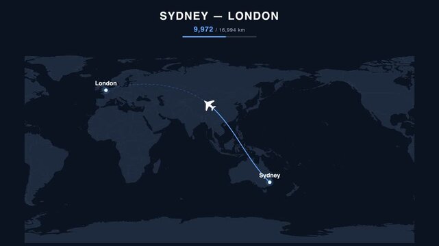 Flight route from Sydney to London animated on a world map. Seamless looping 4K travel animation, 16,994 km.