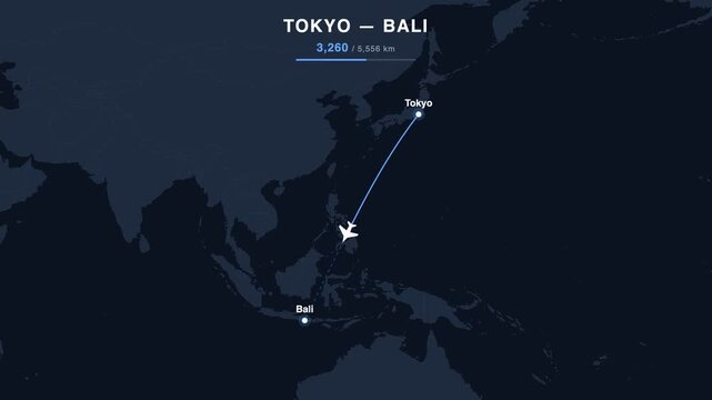 Flight route from Tokyo to Bali animated on a world map. Seamless looping 4K travel animation, 5,556 km.