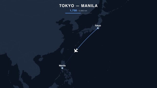 Flight route from Tokyo to Manila animated on a world map. Seamless looping 4K travel animation, 2,995 km.