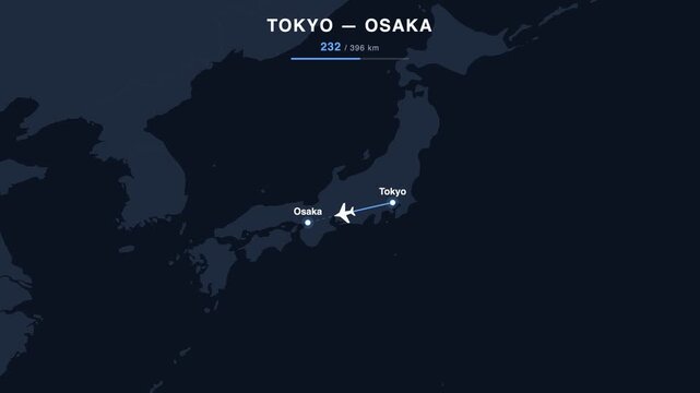 Flight route from Tokyo to Osaka animated on a world map. Seamless looping 4K travel animation, 396 km.