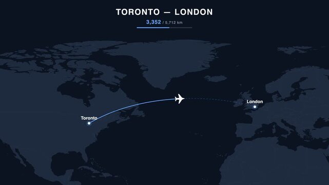 Flight route from Toronto to London animated on a world map. Seamless looping 4K travel animation, 5,712 km.