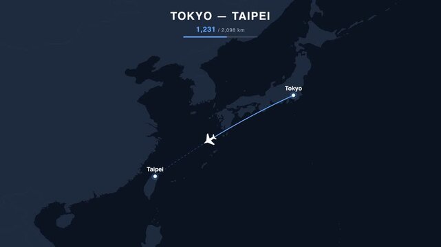 Flight route from Tokyo to Taipei animated on a world map. Seamless looping 4K travel animation, 2,098 km.