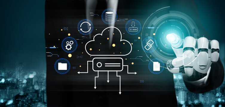 An AI managed cloud storage and data synchronization ecosystem. A concept of smart cloud computing for file storage, backup, and sharing. Motif