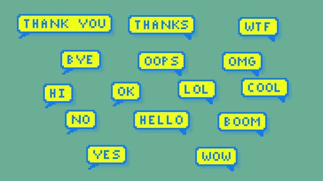 Pixel art chat slang speech bubbles pack with casual expressions text