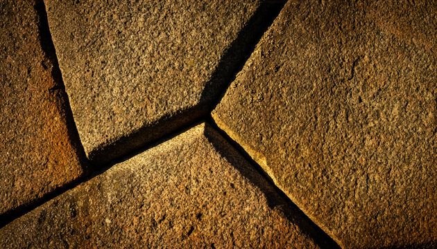 Close-up photo of ancient pre-Columbian polygonal stone wall, perfectly interlocking mortarless joints and dramatic lighting.