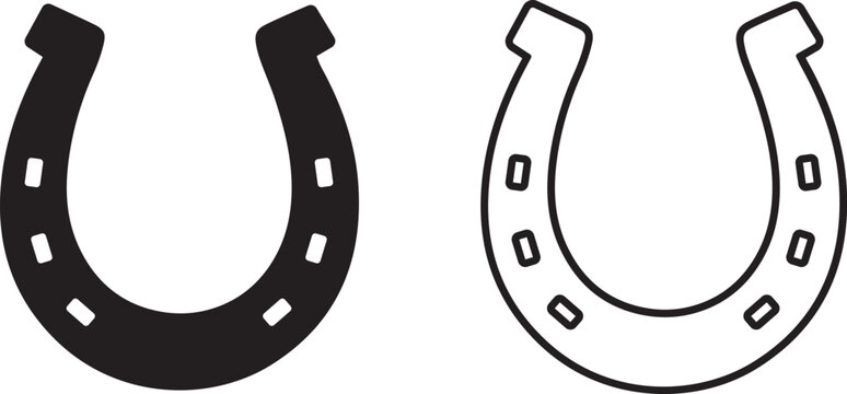 Horseshoe icons featuring a solid black silhouette and a clean linear outline flat vector design isolated on a white background.